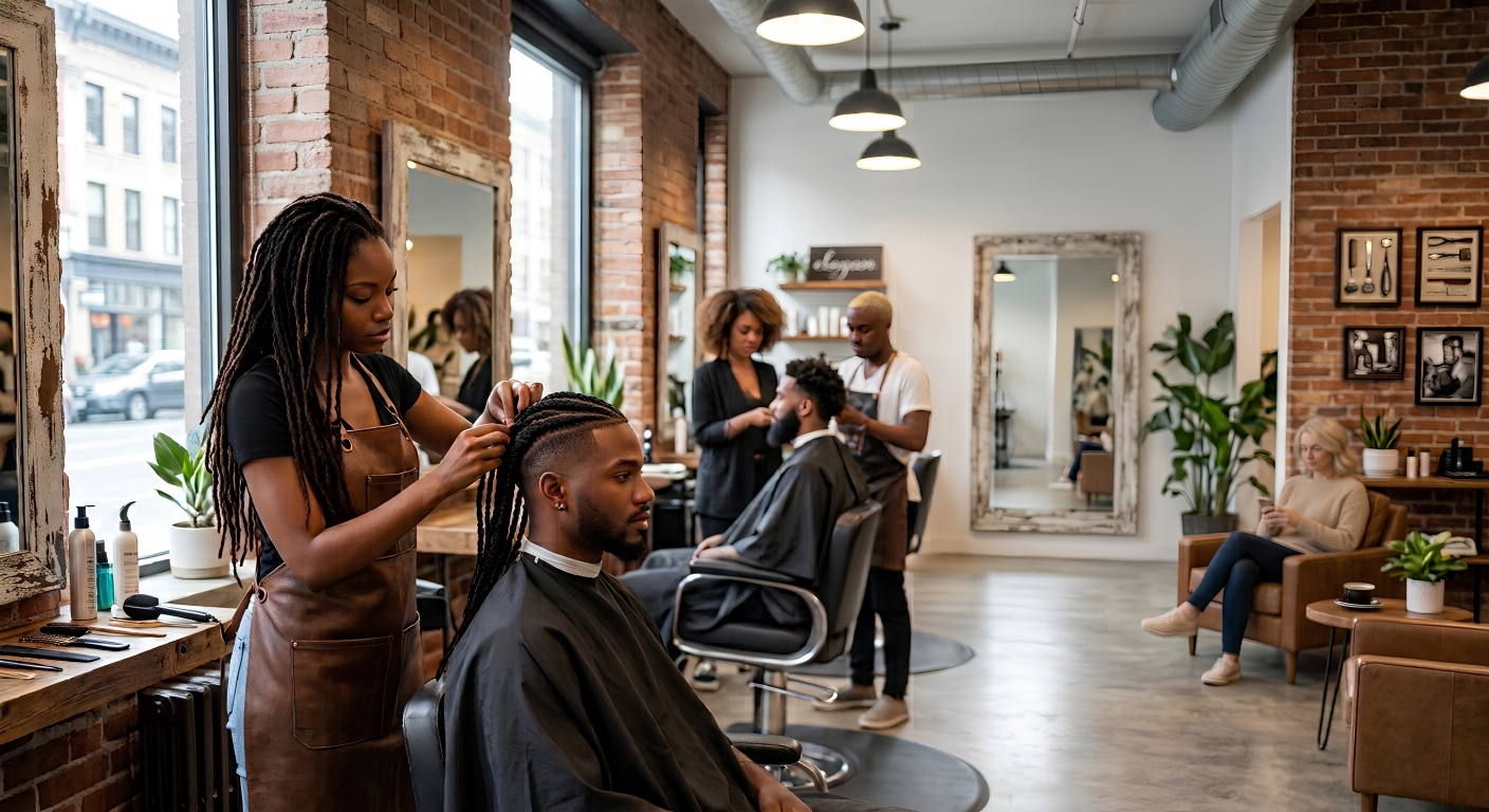 Hair stylists caring for clients in a bright, welcoming salon